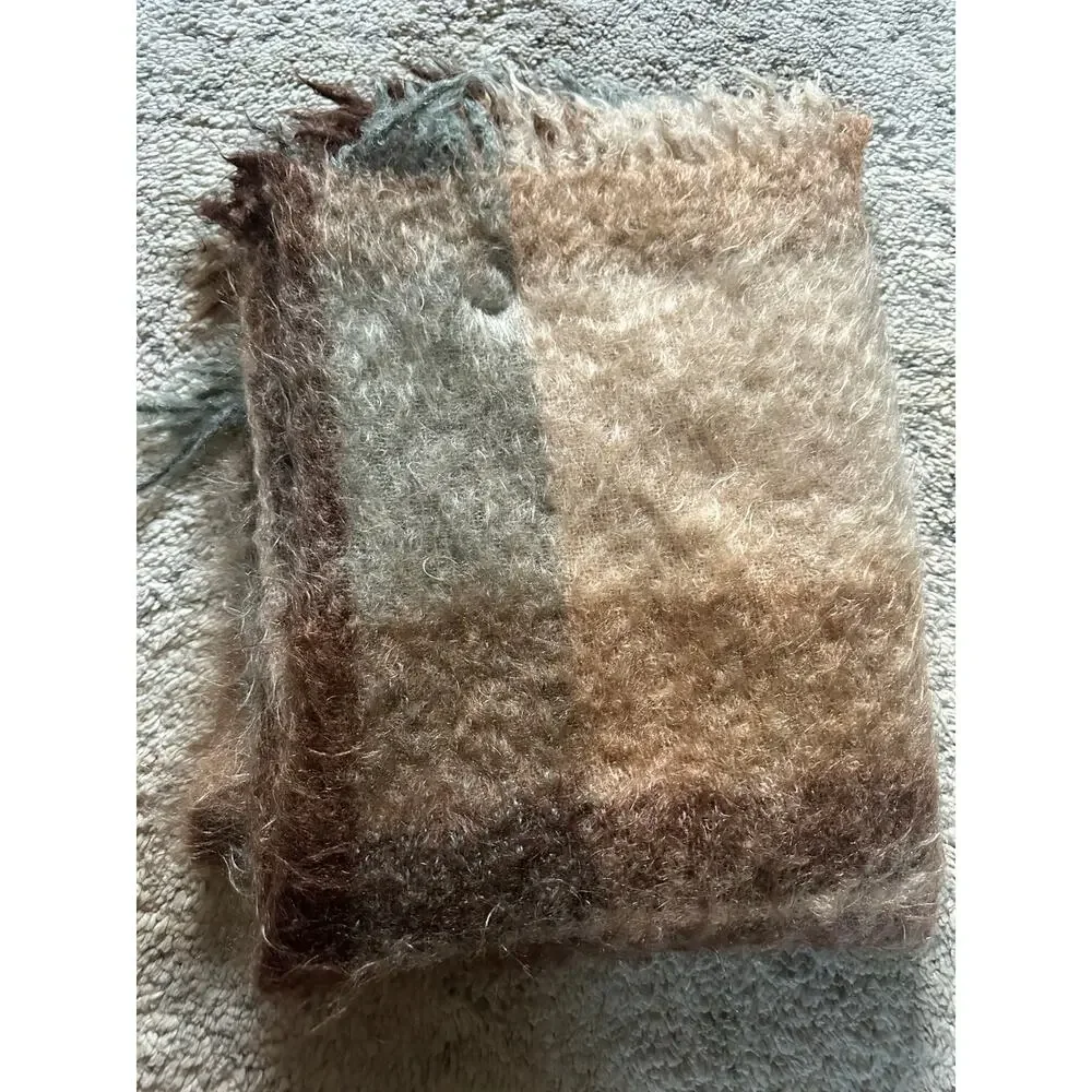 Vintage Mohair & Wool Throw plaid beige blue tan fringed fuzzy 52x36”